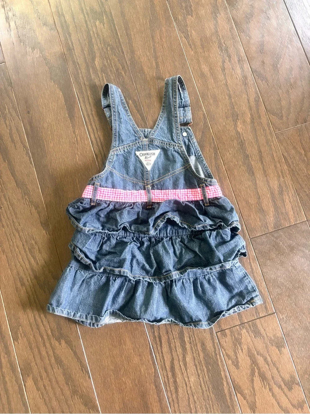 Osh Kosh B’Gosh Denim W/ Pink Gingham Bib Overall Jumper Dress Ruffle Tier- 4T